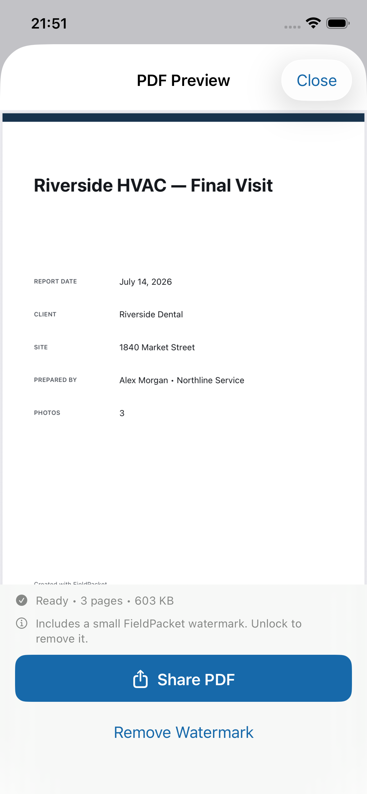 A completed FieldPacket PDF ready to share